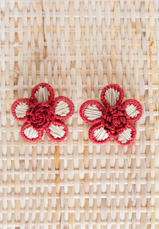 Coastal American Red Raffia Stud Earrings